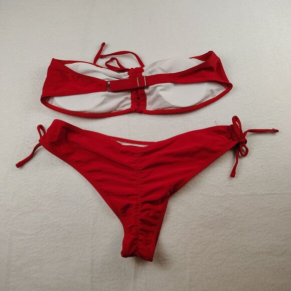 Red Strapless Cinched Cheeky Bikini Sz Large - Picture 2 of 9